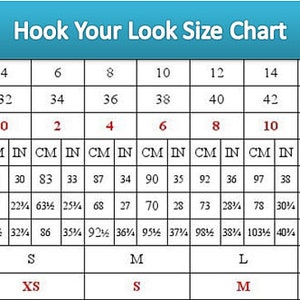 May include: Size chart for women's clothing with measurements in inches and centimetres. The chart includes UK/Australian, European, and US sizes. The chart shows bust, waist, and hip measurements for sizes 0-14 in US sizes.