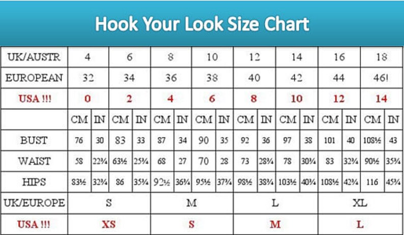 May include: Size chart for women's clothing with measurements in inches and centimetres. The chart includes UK/Australian, European, and US sizes. The chart shows bust, waist, and hip measurements for sizes 0-14 in US sizes.