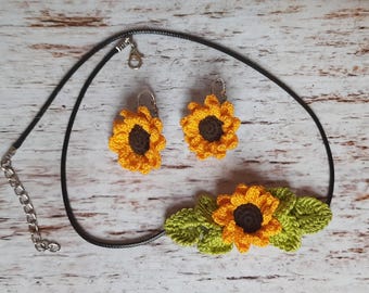 Handmade Crochet Necklace & Leverback Earrings Set: Sunflower Cotton Jewelry