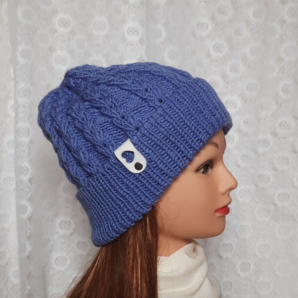 Knitted warm blue hat, spring beanie hat, gift for her