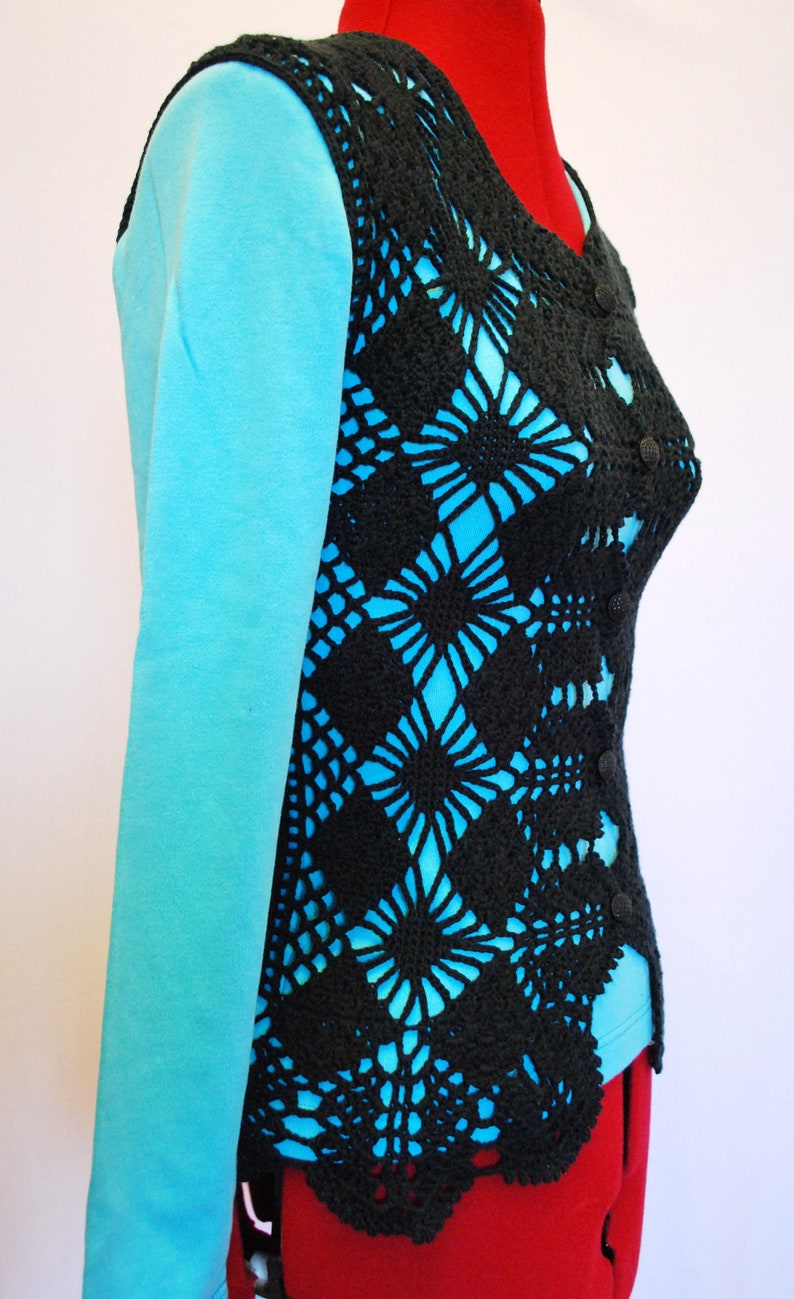 Black cotton crochet lace woman vest, summer lace black openwork woman vest, gift for sister image 7