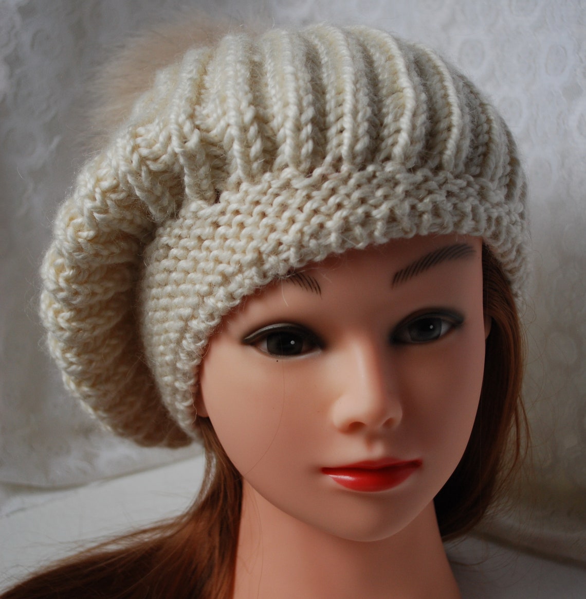 Ivory Knit Warm Beanie Hat, Knit Warm Pom Pom Beanie, Winter Pom Pom ...