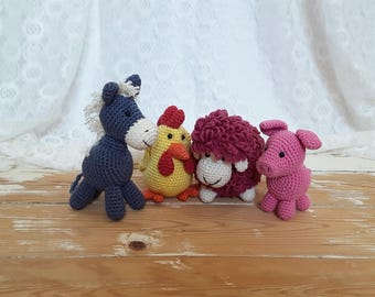 Pequenos animais de crochê da fazenda - burro, porco, galo, ovelha, brinquedo amigurumi, presente para crianças