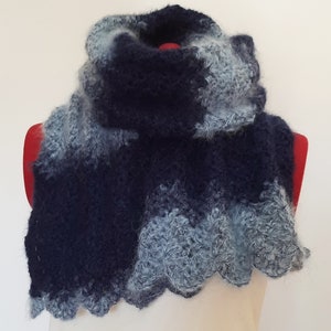 May include: A blue and gray crocheted infinity scarf with a scalloped edge.