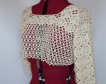 Crocheted lace ivory bolero top, crochet shrug with 3/4 sleeves, gift for her