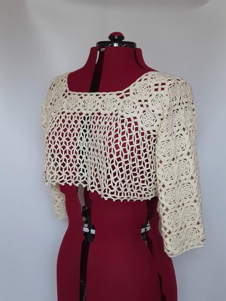 Gehaakte ivoorkleurige bolero top, gehaakte bolero met 3/4 mouwen, cadeau voor haar afbeelding 1