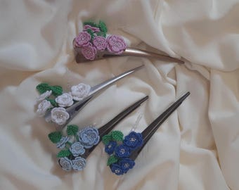 Crochet Flower Concorde Brushed Metal Hair Clip, Romantic Hair Accessory, Cotton Yarn Floral Barrettes