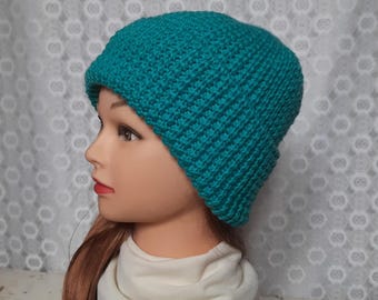Crochet Beanie: Warm Blue Turquoise Wool-Blend Winter Hat