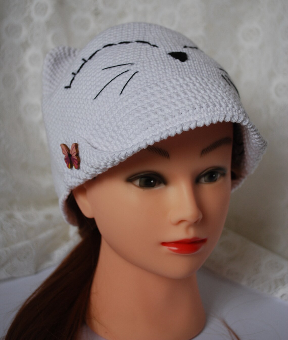 Crochet Cotton Cap With Cat Ears, Summer Hat, Gift for Her Etsy