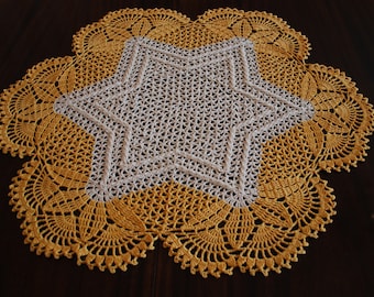 Large Crochet Doily: Round Cotton Tablecloth, Yellow & Cream (66 cm)