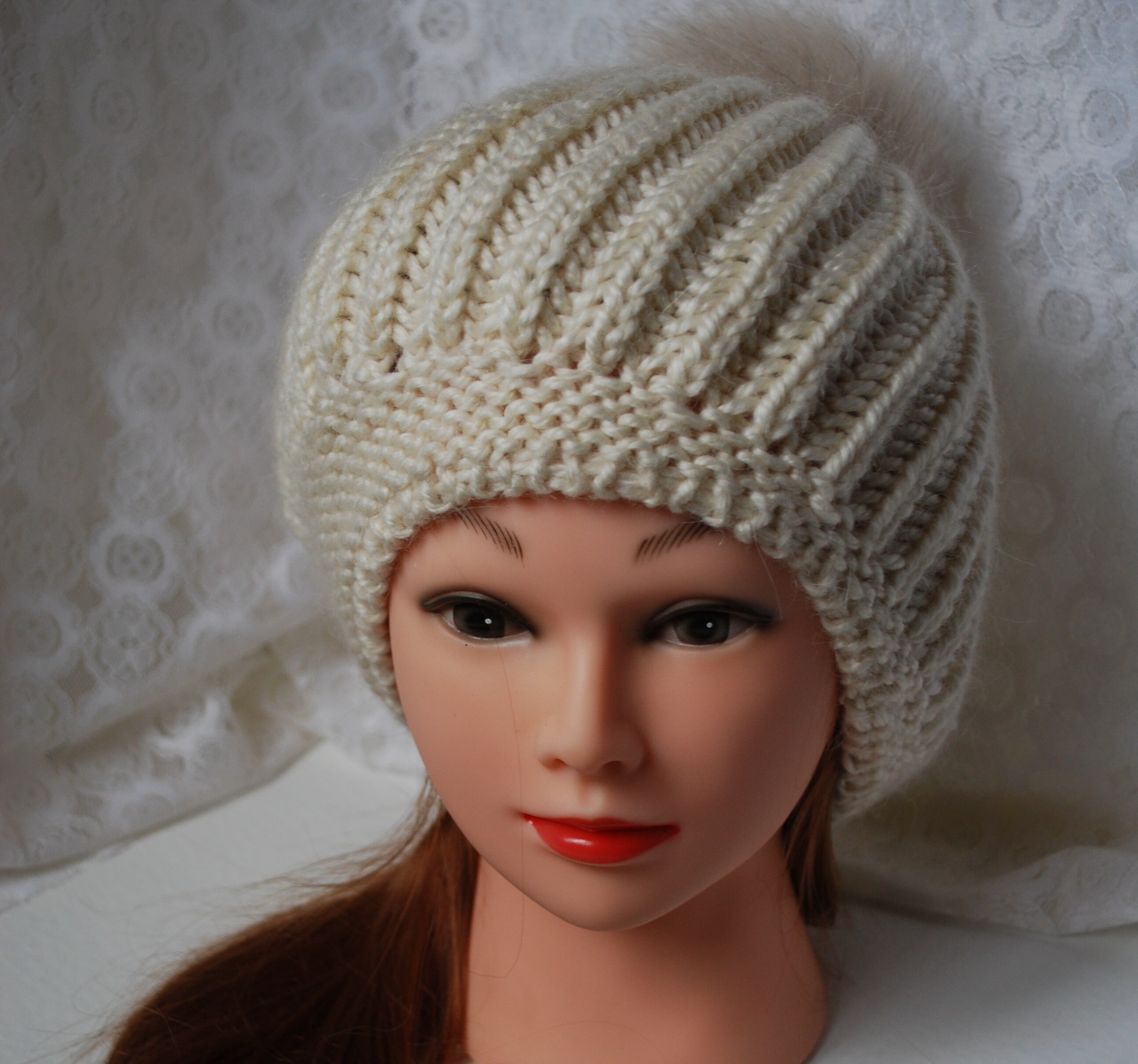 Ivory Knit Warm Beanie Hat, Knit Warm Pom Pom Beanie, Winter Pom Pom Hat - Etsy