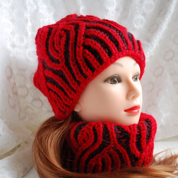 Set of warm wool knitted beanie hat and snood