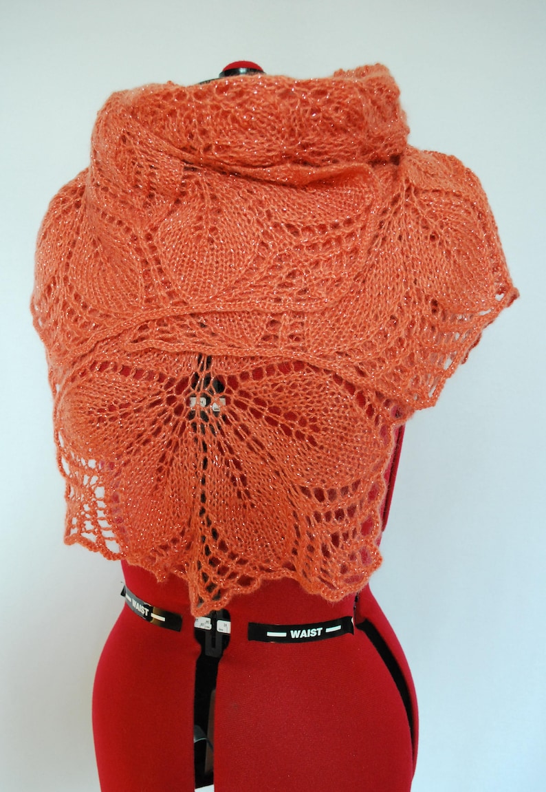 Knitted light coral lace shawl, hand knit mohair wrap shawl image 5