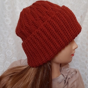 May include: A rust-colored knitted beanie with a fold-over brim. The beanie is made with a thick yarn and has a ribbed texture.