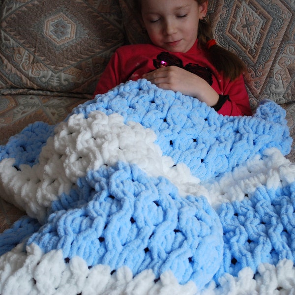 Hand crochet striped white blue blanket, soft warm rug, gift for child, crochet rug, handmade plaid