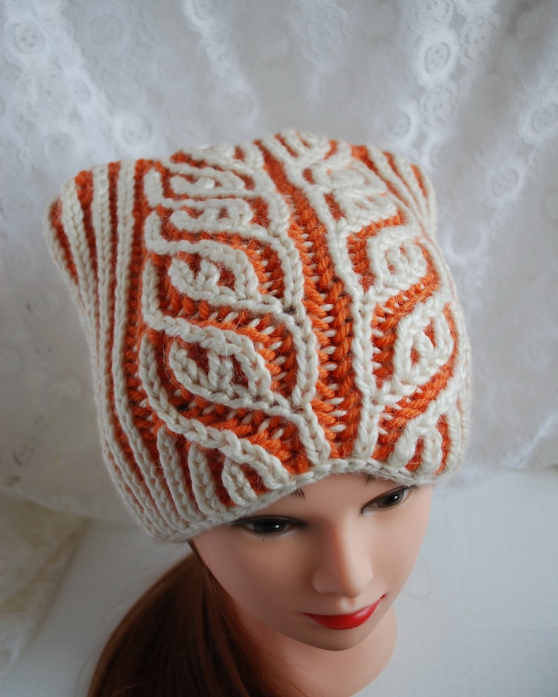 Knit cat ear beanie hat, knit pussycat hat, winter knit hat White-orange
