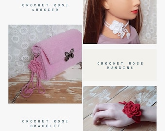 Collier ras de cou rose au crochet, bracelet rose, rose à suspendre, cadeau pour elle