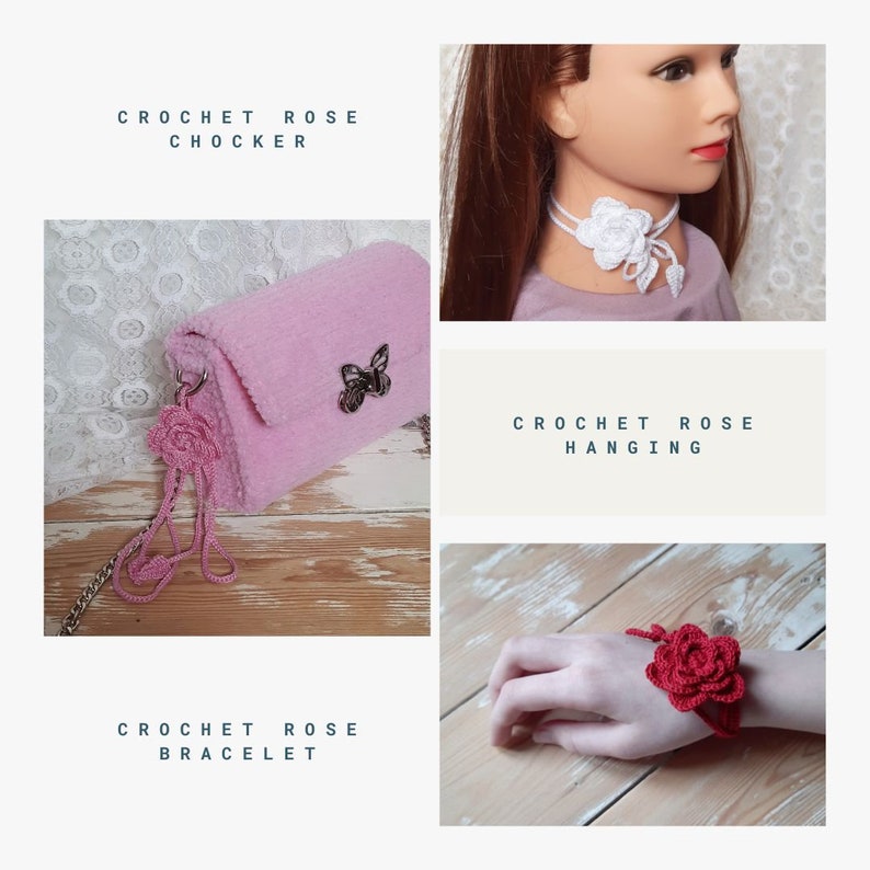 Crochet rose chocker, rose bracelet, rose hanging, gift for her zdjęcie 1