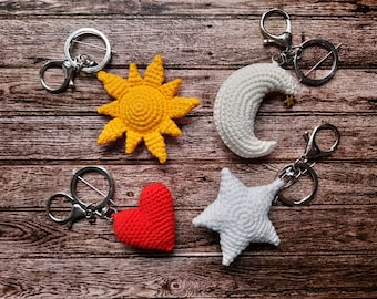 Crochet Keychain: Amigurumi Sun, Moon, Star, Heart Bag Decor
