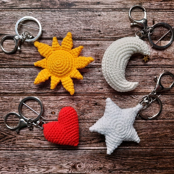 Crochet Keychain: Amigurumi Sun, Moon, Star, Heart Bag Decor