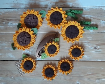 Crochet sunflowers accessories for hair, sunflower ties, sunflower barrette clips, sunflower comb