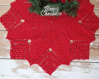 Crochet red doily, lace poinsettia doily, Christmas table decor