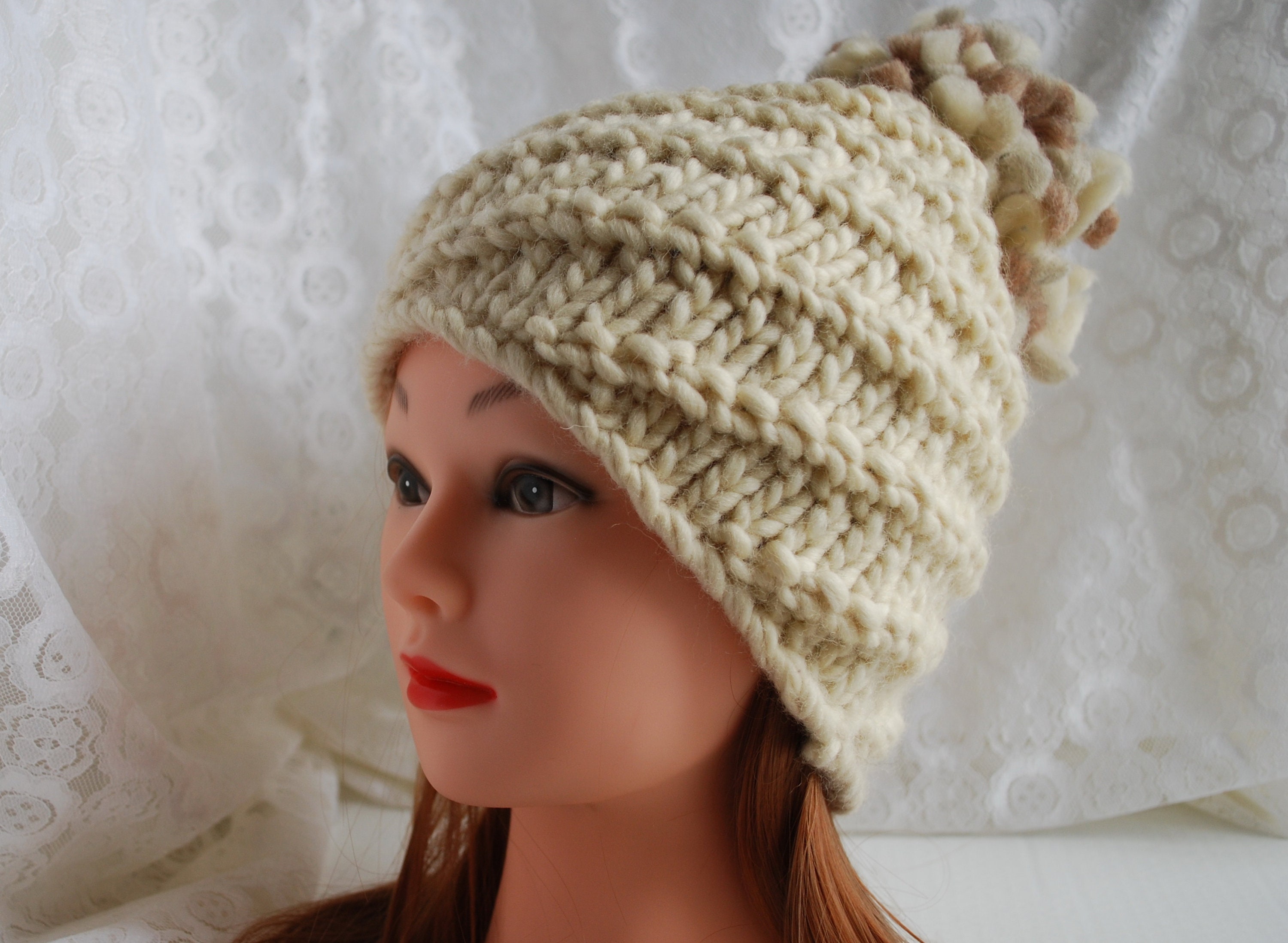 Ivory Knit Wool Beanie Hat, Knit Warm Pom Pom Beanie, Winter Pom Pom Hat - Etsy