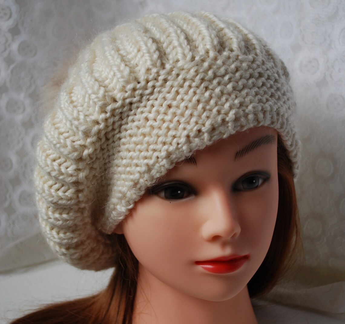Ivory Knit Warm Beanie Hat, Knit Warm Pom Pom Beanie, Winter Pom Pom ...