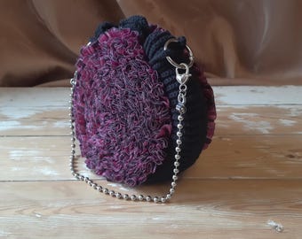 Crochet Round Evening Bag, Black Pink Purple Acrylic Cotton, Chain Clutch