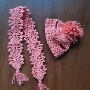 May include: A pink crocheted hat with a pom-pom and a matching scarf with tassels.