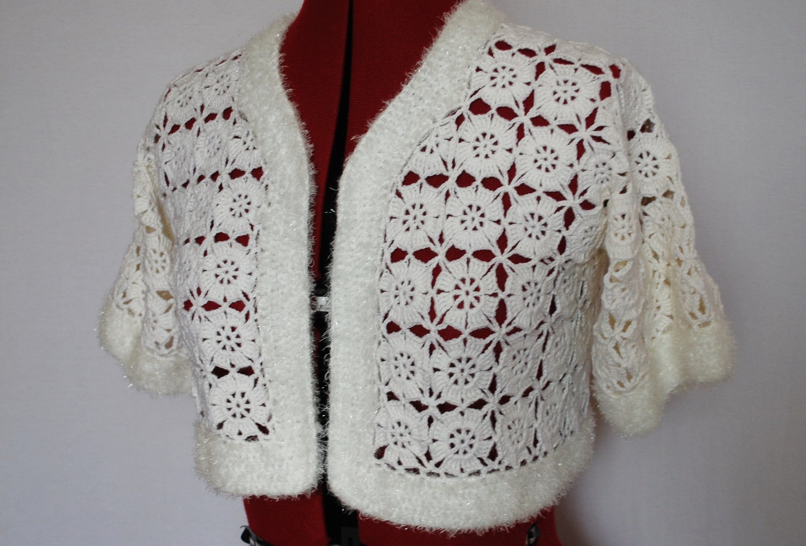 Elegant Crochet White Lace Small Jacket for Party, Cute Crochet Bolero