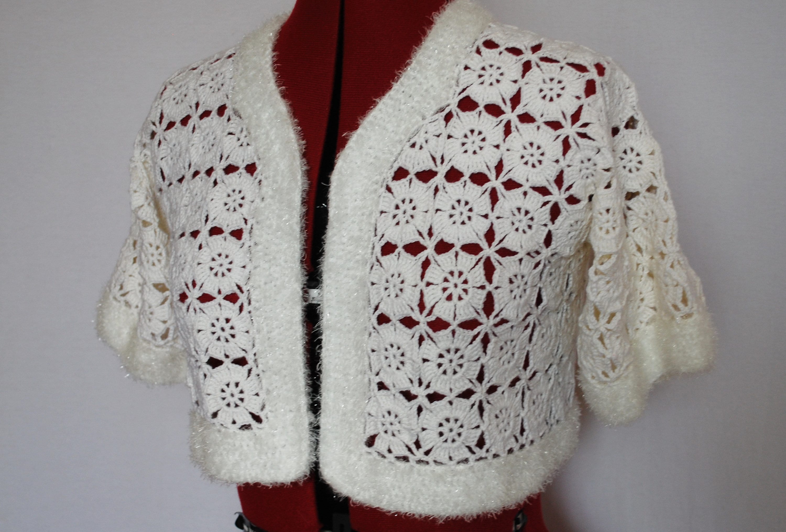 Elegant Crochet White Lace Small Jacket for Party, Cute Crochet Bolero With Half Sleeves