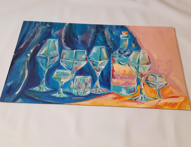 Naturaleza muerta acrílica: copas de vino, decoración de bar (30 x 50 cm) imagen 2