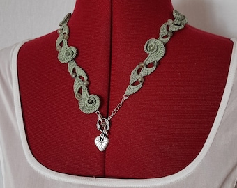 Handmade Crochet Necklace & Wire Hook Earrings Set: Sea Green Cotton Jewelry