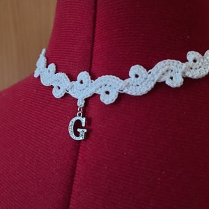 White Crochet Choker: Elegant Cotton Lace Necklace with Letter Pendant