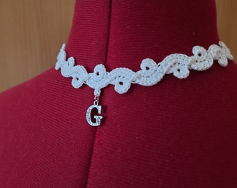 White Crochet Choker: Elegant Cotton Lace Necklace with Letter Pendant