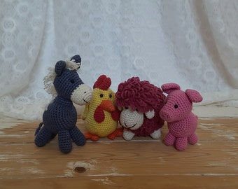 Kleine gehaakte vrolijke boerderijdieren - ezel, varken, haan, schaap, amigurumi speelgoed, cadeau voor kinderen