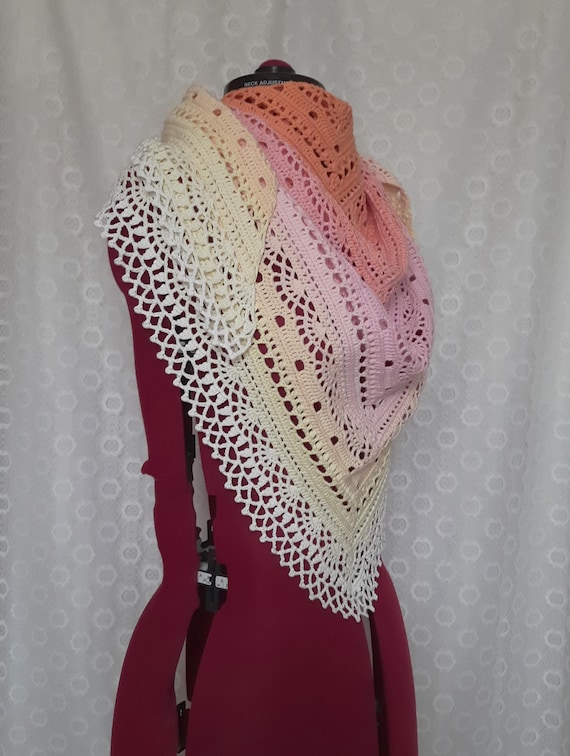Crochet Triangle Lace Shawl, 100% Cotton Summer Accessory