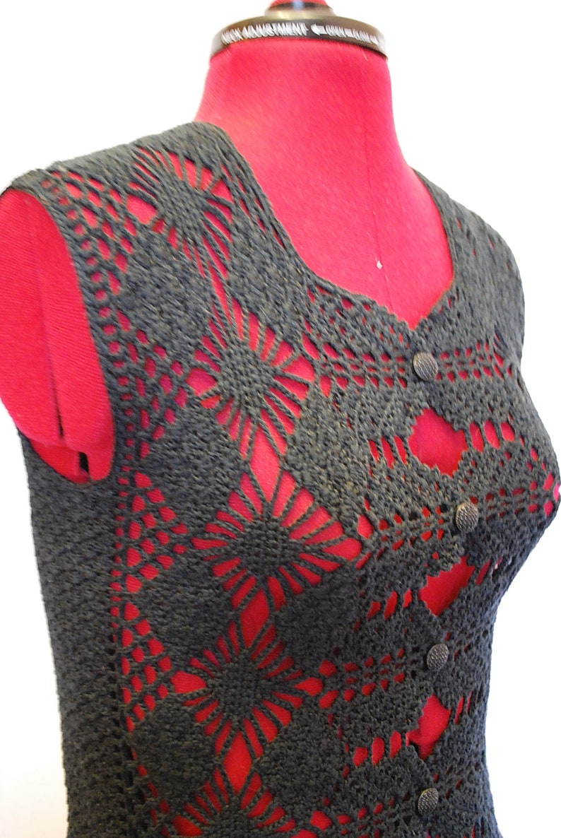 Black cotton crochet lace woman vest, summer lace black openwork woman vest, gift for sister image 3