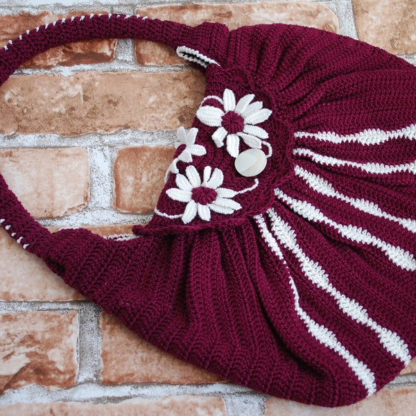 Crocheted cotton women's handbag with flowers, embroidered bag, gift for her