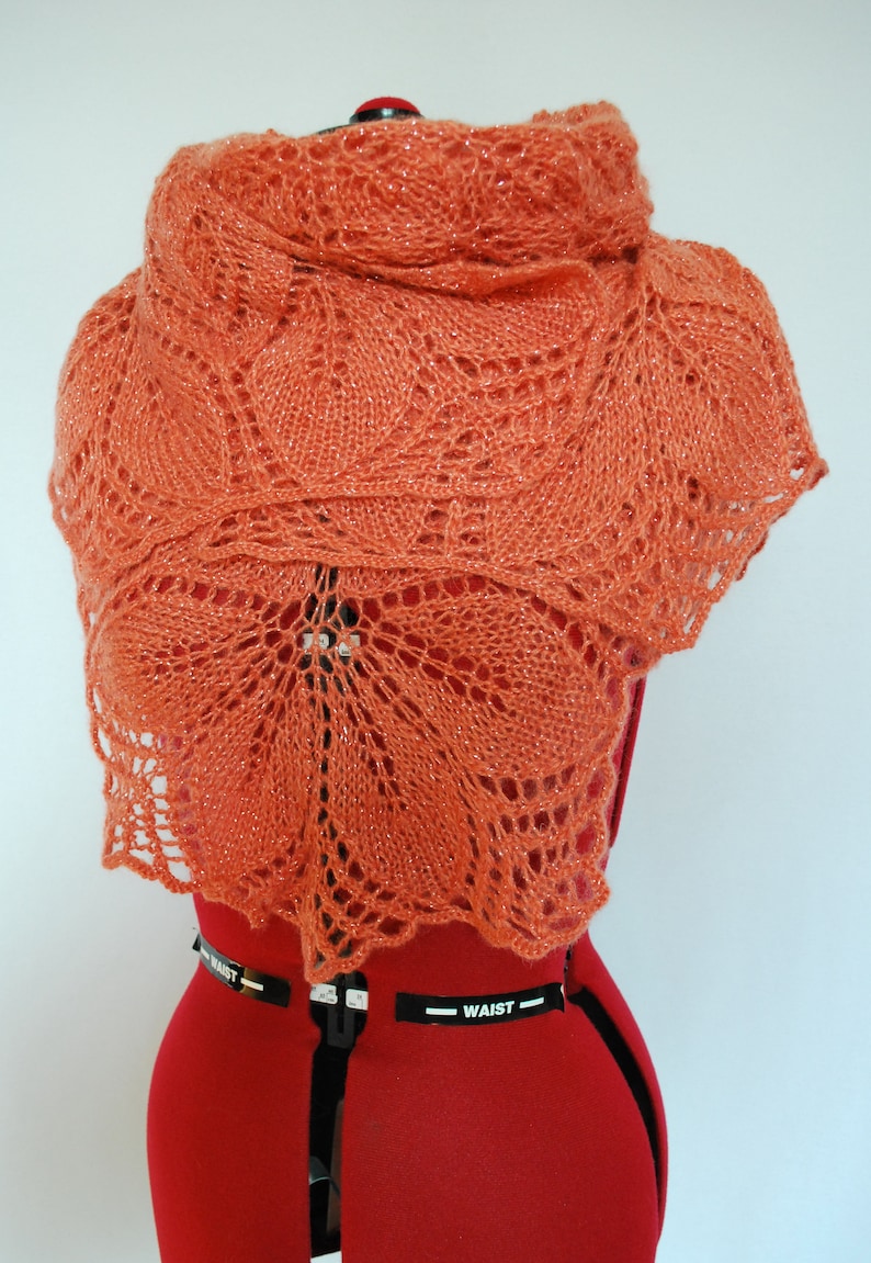 Knitted light coral lace shawl, hand knit mohair wrap shawl image 2