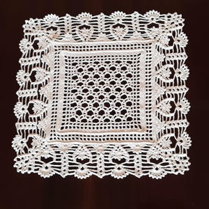 May include: White crocheted square doily with a delicate floral pattern around the border.