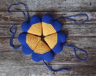 Crochet blue yellow heart pendant, car accessories, bag decor, crochet baubles