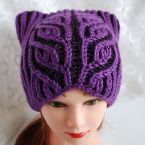 Knit cat ear beanie hat, knit pussycat hat, winter knit hat Violet-black