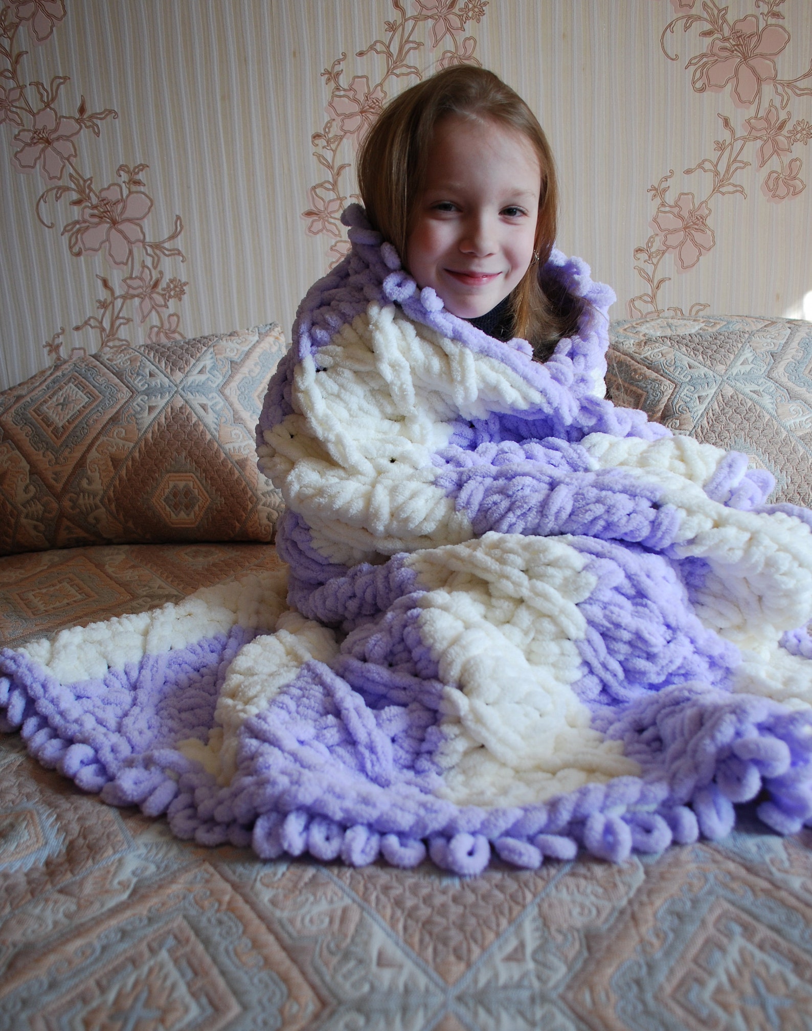 Hand Crochet Striped Lilacivory Color Blanket Soft Warm Rug Etsy