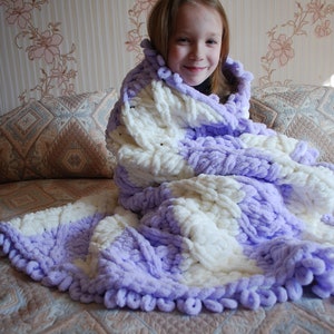 Hand Crochet Striped Lilac-ivory Color Blanket, Soft Warm Rug, Gift for ...