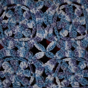 Puede incluir: Primer plano de una tela de crochet con un patr&oacute;n repetitivo de flores azules, blancas y moradas. La tela tiene un aspecto suave y texturizado.