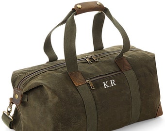 Gepersonaliseerde gewaxte canvas tas, weekendtas voor heren, lederen holdall tas cadeau idee, reistas met monogram, canvas plunjezak cadeau voor mannen