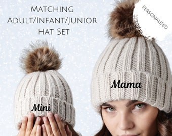 Personalized Mini Me Matching Hats, Christmas Gift for Baby Child and Adult, Custom Bobble Hats for Family, Mini Me Hat Set for Christmas