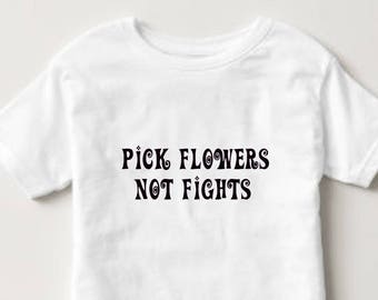 Pick Flowers, Not Fights Kids White & Black T-Shirt  -  Christmas Gift - Gifts for Girls -  Hippie Style - Birthday Gift -Childrens T-Shirt